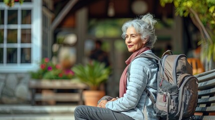 elderly female traveler with a backpack sits on a bench, marveling at the city's landmarks. explorat