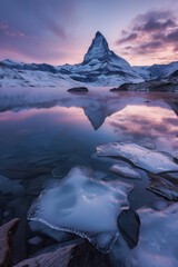 Canvas Print - frozen chunks of ice floating in a winter lake In front of mountain, breathtaking sunrise dramatic long exposure lenticular clouds through a lake