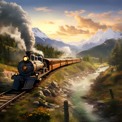 Wall Mural - A vintage train traveling through a scenic landscape