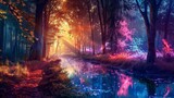 Fototapeta Las - A mystical forest with glowing, neon-colored trees and a shimmering, magical river flowing through.