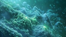 A Serene Blue And Green Fractal Landscape With Softly Glowing Particles, Resembling An Alien World.