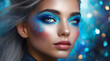 Blonde, young woman in colorful blue makeup