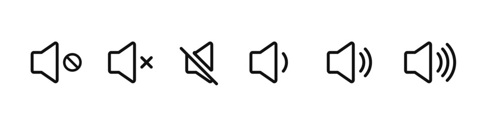 Sound volume icons set with different signal levels on white background. Аn icon that increases and reduces the sound. Sound icon, volume symbol, speaker sign, audio control icon set. Vector