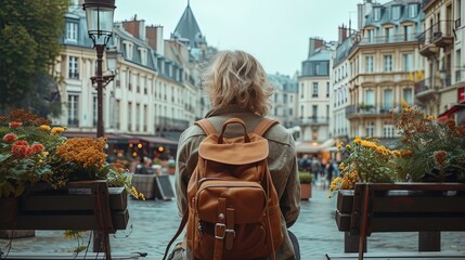 Rear view Elderly female traveler with a backpack sits on a bench, marveling at the city's landmarks. Exploration, adventure, and sightseeing in a cityscape