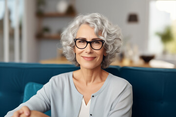 Poster - Smiling middle aged woman sitting on sofa at home, single mature senior in living room