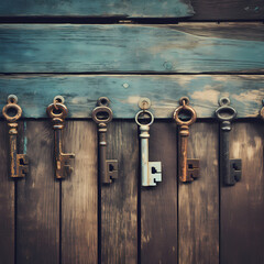 Poster - Vintage keys on a weathered wooden table. 