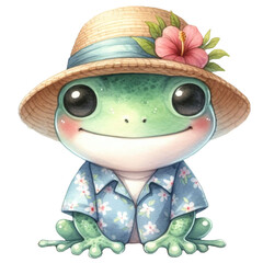 Wall Mural - Cute frog wears a beach hat and aloha shirt, watercolor clipart illustration with isolated background