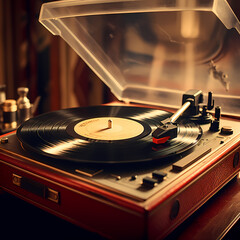 Canvas Print - Vintage record player with a spinning vinyl record