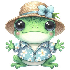 Wall Mural - Cute frog wears a beach hat and aloha shirt, watercolor clipart illustration with isolated background