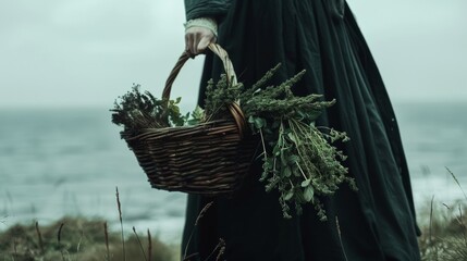 Canvas Print - A woman in a long black dress holding a basket of herbs