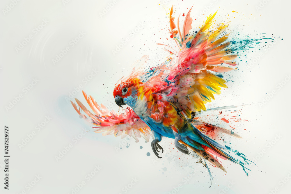 Dynamic artwork of a parrot with a burst of paint splashes, symbolizing ...