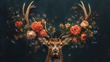 Fototapeta  - A painting of a deer with flowers on it's antlers