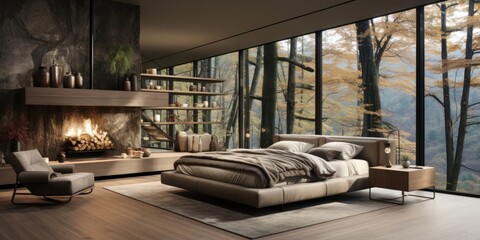 Poster - Luxurious Bedroom With Fireplace and Large Window Generative AI