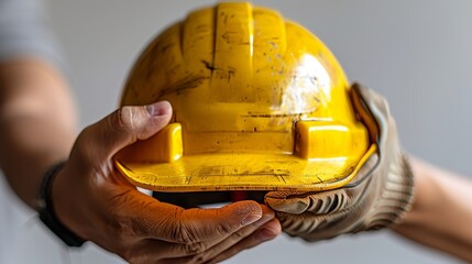 Aufkleber - The picture shows a male hand holding a yellow helmet over a white background. This is a work safety concept. This is a labour day idea.