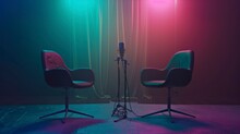 living room with chairs and microphones to record real podcasts in high resolution and high quality. recording concept, streaming, live, young people, social networks, instagram, kick