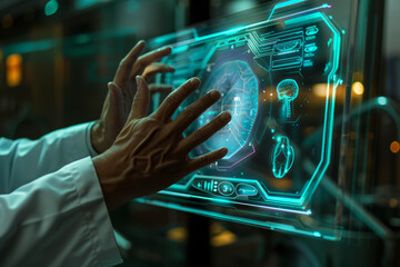 Poster - hands of a doctor clad in a white coat interacting with a holographic health interface. futuristic panels, icons, and health app projections, it the integration of health and technology. innovations