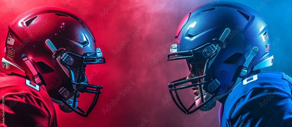clashing football helmets Football helmets clashing illustration versus banner Stock Illustration