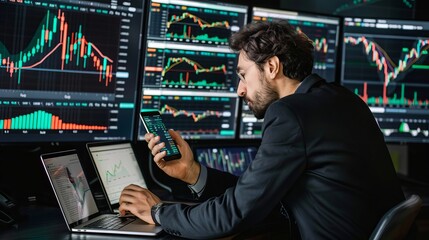 Poster - Tech-savvy businessman engaging with digital devices, stock market trends, cryptocurrency, and investment strategies