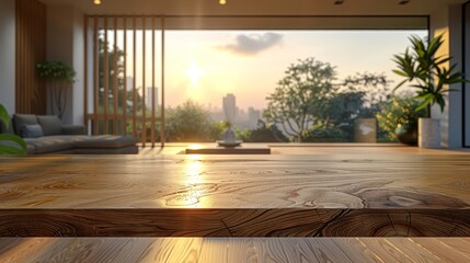 Poster - Blurred view of a living room with an empty table or shelf