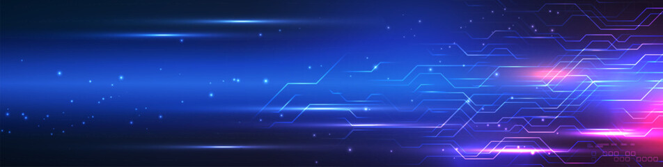 Fototapete - High tech futuristic technology circuit board background, speed data transfer. Hi-tech digital technology concept. Technology circuit diagram glowing lines background. Innovation future tech. Vector.