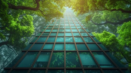 Wall Mural - Eco-friendly building in the city. Glass office building with trees for reducing carbon dioxide. Office with green environment. Corporate building reduces CO2.