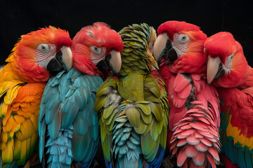 A vibrant gathering of parrots, featuring both red and blue macaws, engaging in social preening.