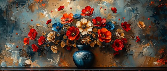 Canvas Print - Abstract painting, metal element, texture background, flowers, plants, flowers in a vase, modern painting