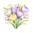 © Janie - Illustration of a happy bunch of cartoon crocus flowers in a variety of gentle pastel colors, conveying warmth and joy.