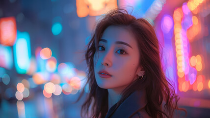 Sticker - Female model in neon-lit city at night.