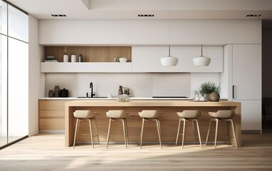 Wall Mural - Modern kitchen, interior design, minimalistic scandinavian look. Natural wooden and white materials. Minimalistic sunny photo. AI Generative