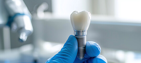 a dentist's hand in a blue glove holds a tooth implant