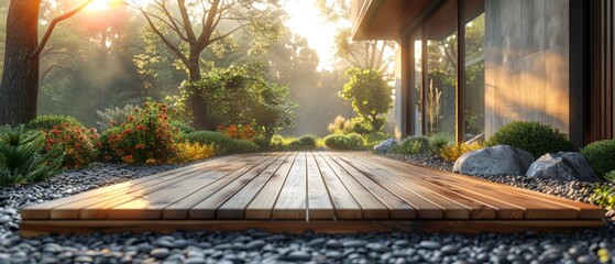 Poster - House with patio and wooden deck floor. 3d rendering.