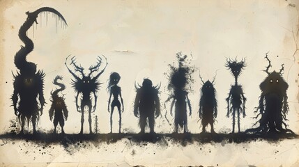 Poster - A collection of cartoon monster silhouettes that are funny and cute