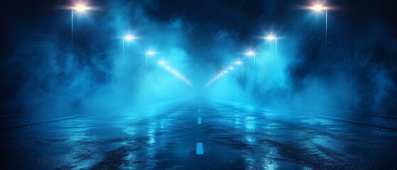 Poster - There is a reflection on a dark street on wet asphalt, fog, a night city. Neon rays shine in the darkness. There is smoke in the dark. A dark abstract background.