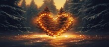 Illustration Heart Design For Christmas Card With Heart Frame And Garland With Festive Lights Decoration