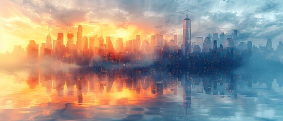 Poster - Business, skyscrapers, banks, businesses, and international corporations illustrated in a modern city setting.
