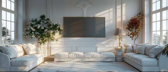 Aufkleber - The view shows a white living room where a TV and a gold lamp are placed, with an interior design that features TVs and cabinets on the white walls.