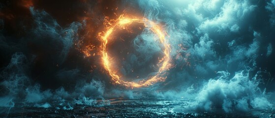 Poster - Geometric blue circle on a black background. Mystical portal. Logo mockup. Futuristic smoke. Logo mockup.