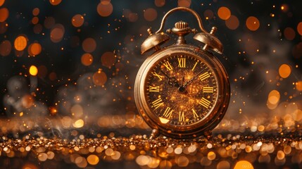 Canvas Print - A clock and golden fireworks with a countdown to midnight - abstract defocused background for the 2024 New Year