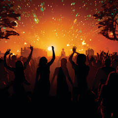 Wall Mural - Silhouettes of people dancing at a music festival.