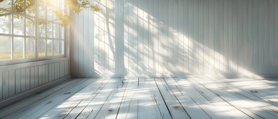 Poster - Sculpted 3D image of white interior and wood plank floor, sun light cast shadows on the wall, perspective of minimal design