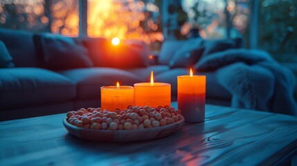 Poster - In this modern living room, the sofa is stylish, and candles are burning on the table.