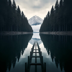 Wall Mural - Symmetrical reflection in a calm lake. 