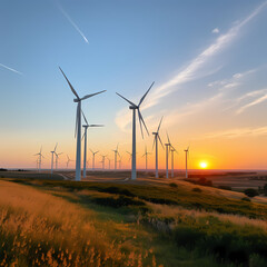 Poster - The sun setting behind a row of wind turbines. 