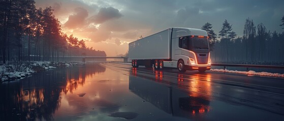 Poster - Autonomous semi-truck with a trailer, controlled by artificial intelligence, crosses a bridge over the river. Cargo delivery, future transportation. Artificial intelligence. Self-driving.