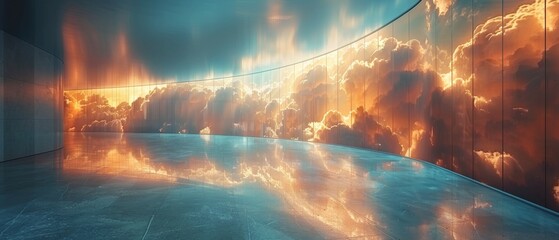 Fototapete - 3D rendering of the curve glass office building reflecting the clouds.
