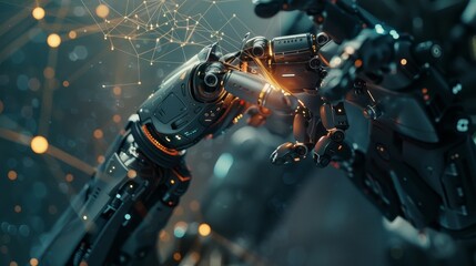 Poster - Man is using tools such as artificial intelligence technology, smart robots, and innovations in the future for providing access to information and data online.