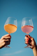 Toasting Wine Glasses Against Blue Sky for Lifestyle and Culinary Celebration Content.