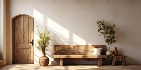 Poster - Wooden Bench and Potted Plants in a Minimalistic Waiting Area Generative AI
