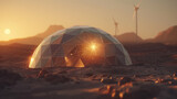 Fototapeta  - Futuristic geodesic dome habitat at sunset on desert planet: martian terraforming